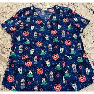 Scrubstar Womens Top Size L G Blue Pug Dog Cat Donut Coffee Print V Neck‎ Scrub
